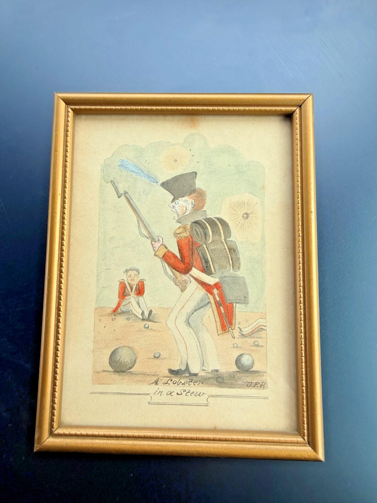 Antique Hand Coloured Military Cartoon “A Lobster in a Stew” Framed Watercolour