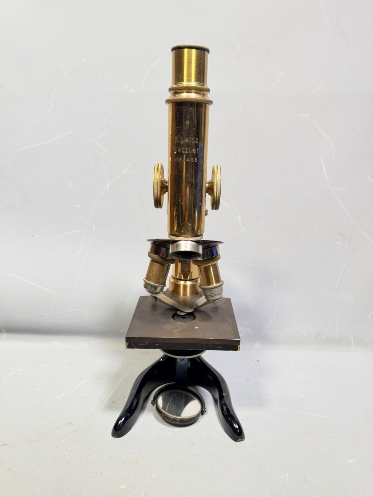 Antique Ernst Leitz Wetzlar Brass Microscope #98485 with Case Circa 1906