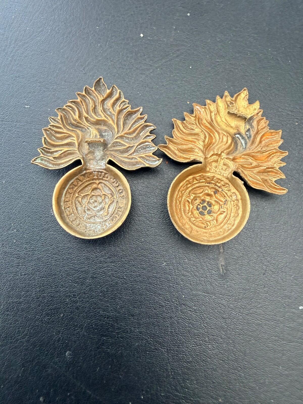WW1 WW2 Royal Fusiliers Regiment Cap Badges Pair Brass British Army Military