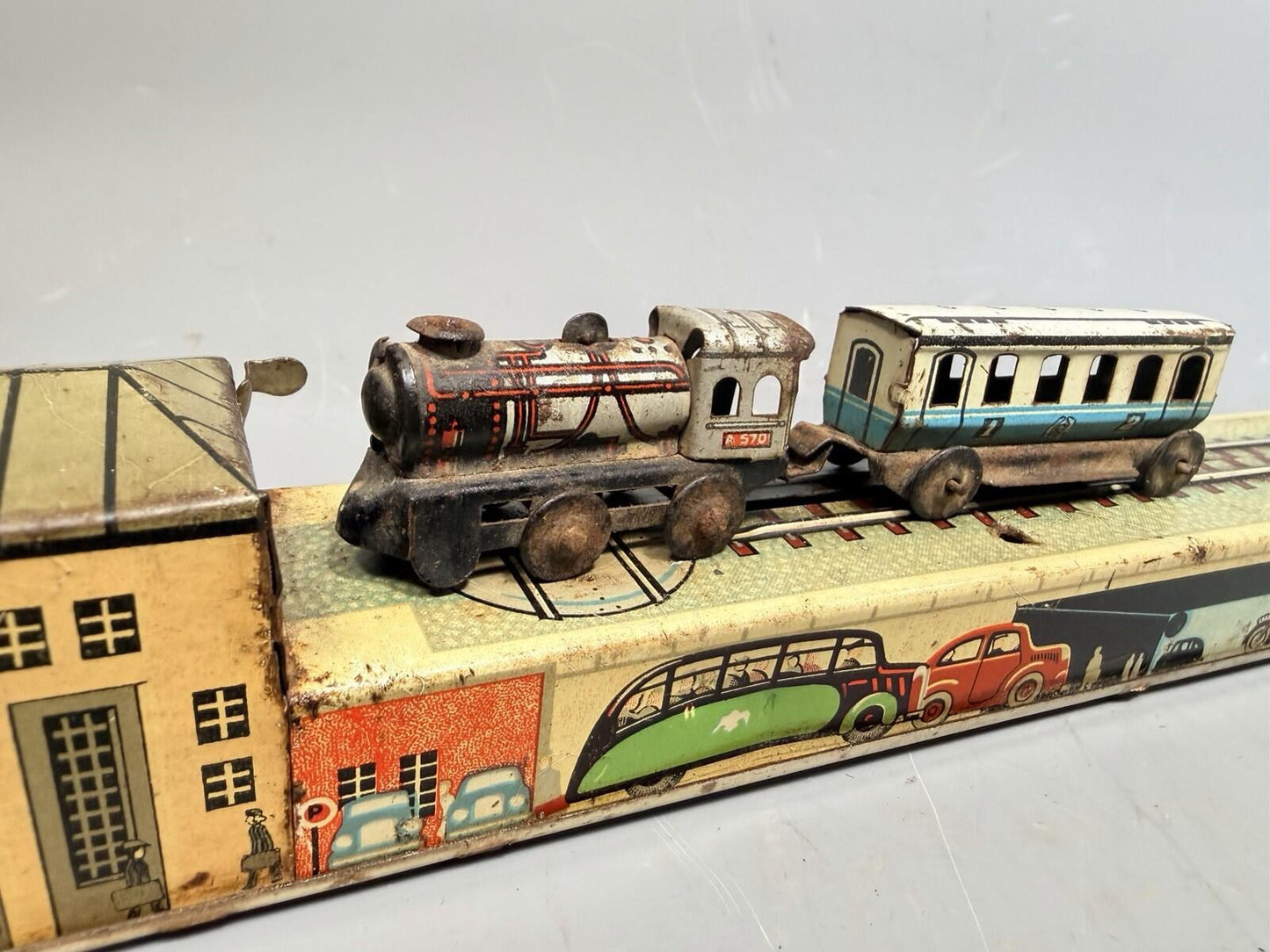 Arnold Wind Up Train Set Tinplate Station Track US Zone Germany 1940s Lithograph
