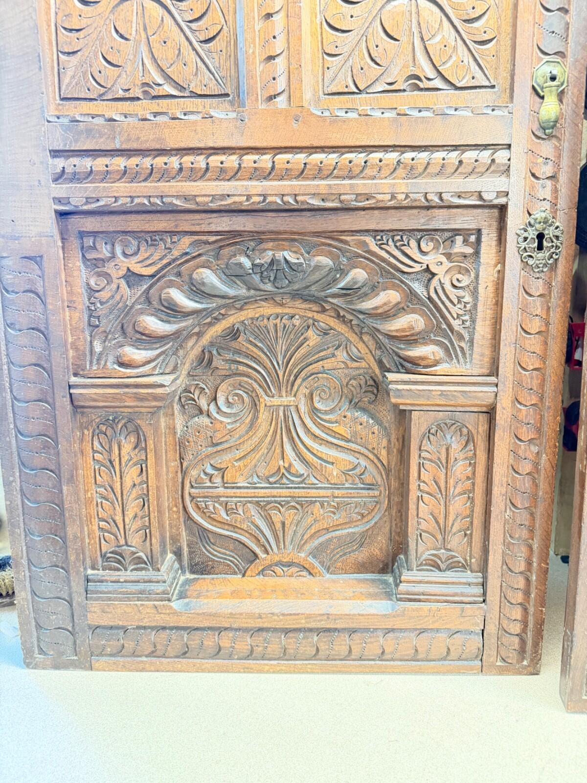 Rare 17th / Early 18th Century Hand Carved Oak Cabinet Doors Gothic Renaissance
