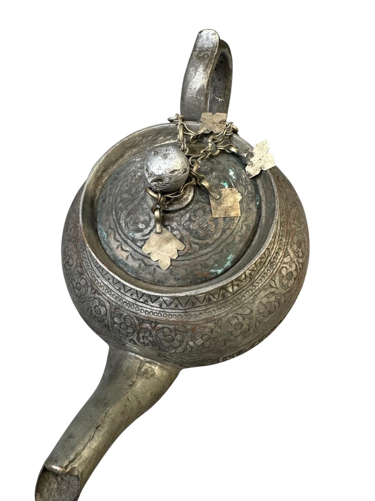 Antique Middle Eastern Engraved Metal Water Flask & Teapot Set – Islamic Persian