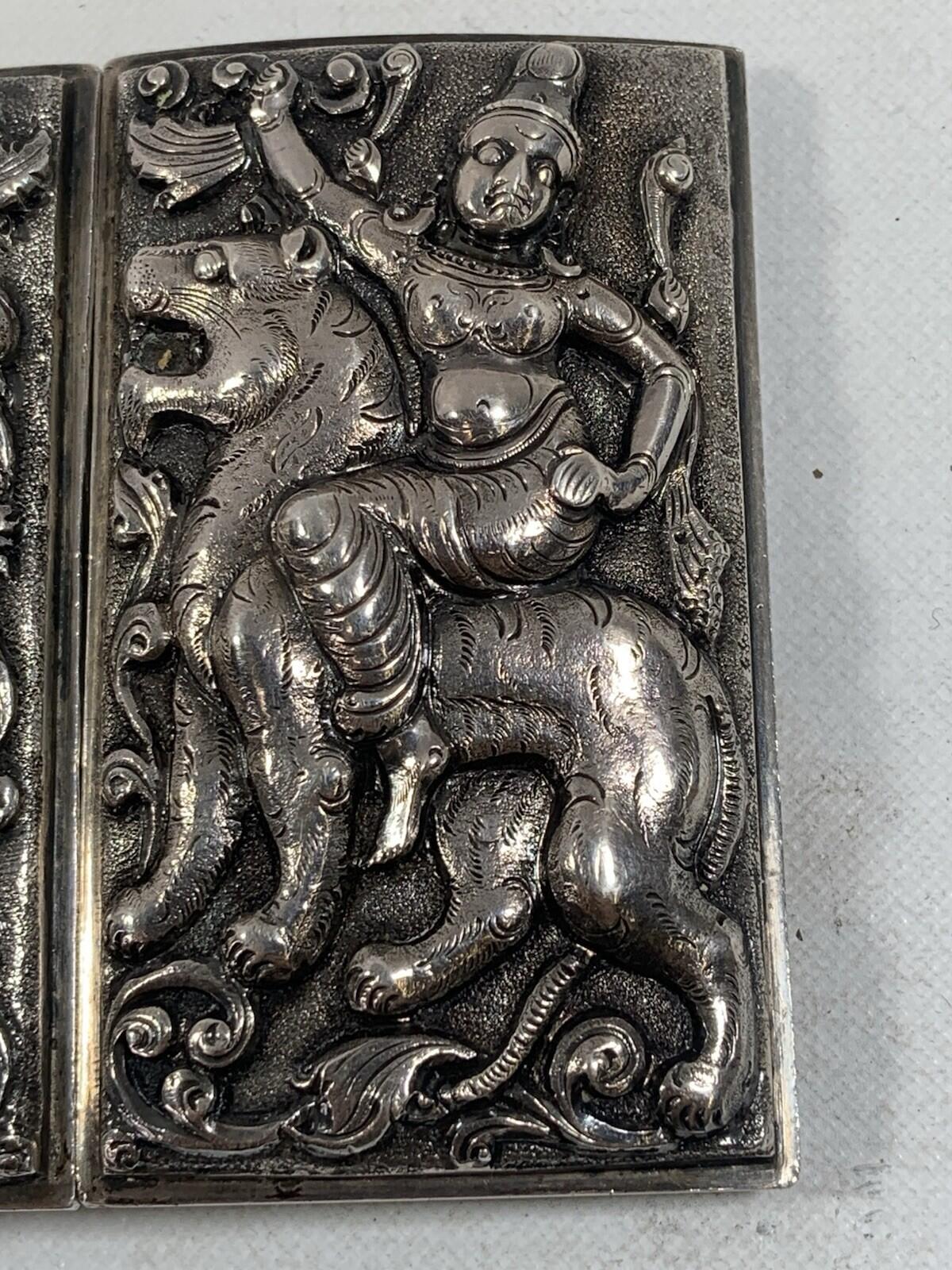 Antique Indian Hindu Goddess Lion Silver Tone Large Belt Buckle Relief