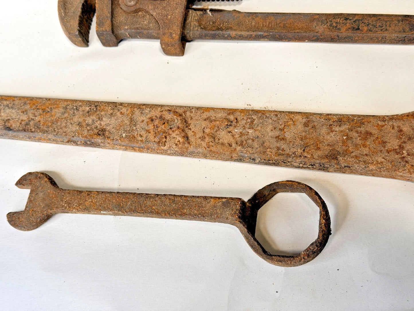 Vintage Ridgid Pipe Wrench + Large Open Spanner & Ring Spanner Set Old Tools Job