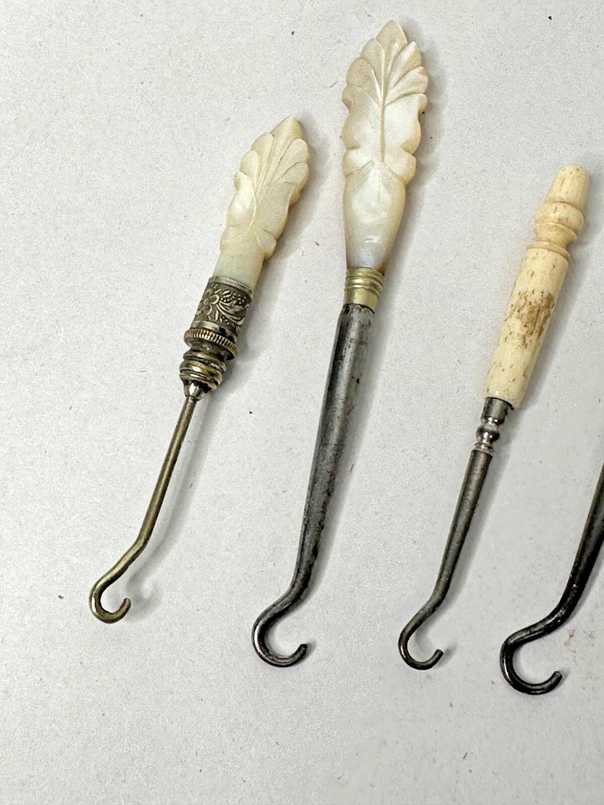 Antique Button Hooks Job Lot – Mother of Pearl, Carved Handles – 19thc