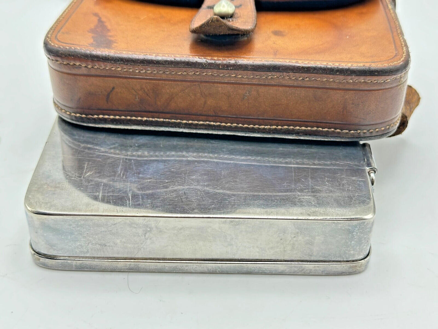 james Dixon Leather-Cased Saddle Fitting Sandwich Tin — Hunting Collectable