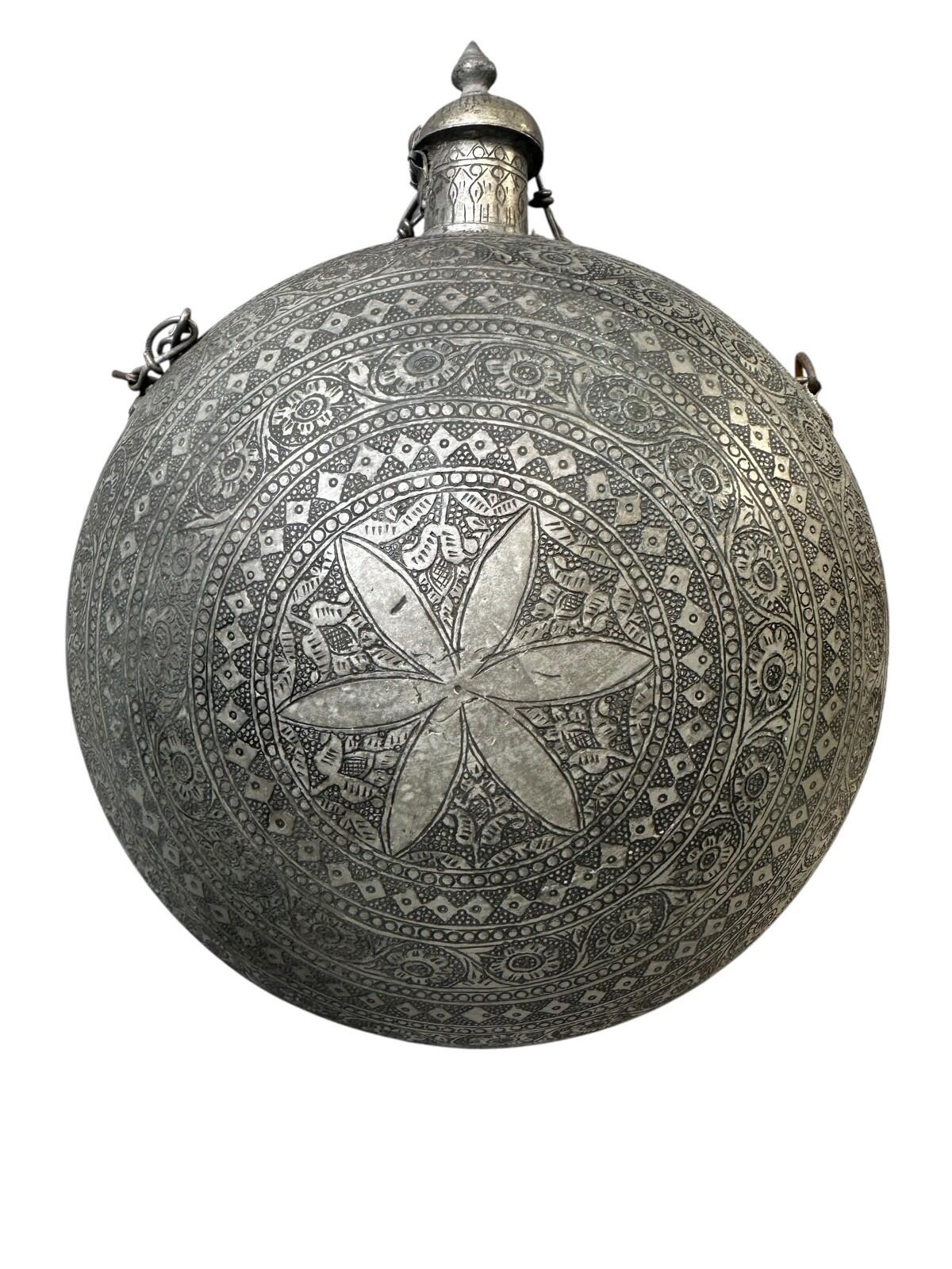 Antique Middle Eastern Engraved Metal Water Flask & Teapot Set – Islamic Persian