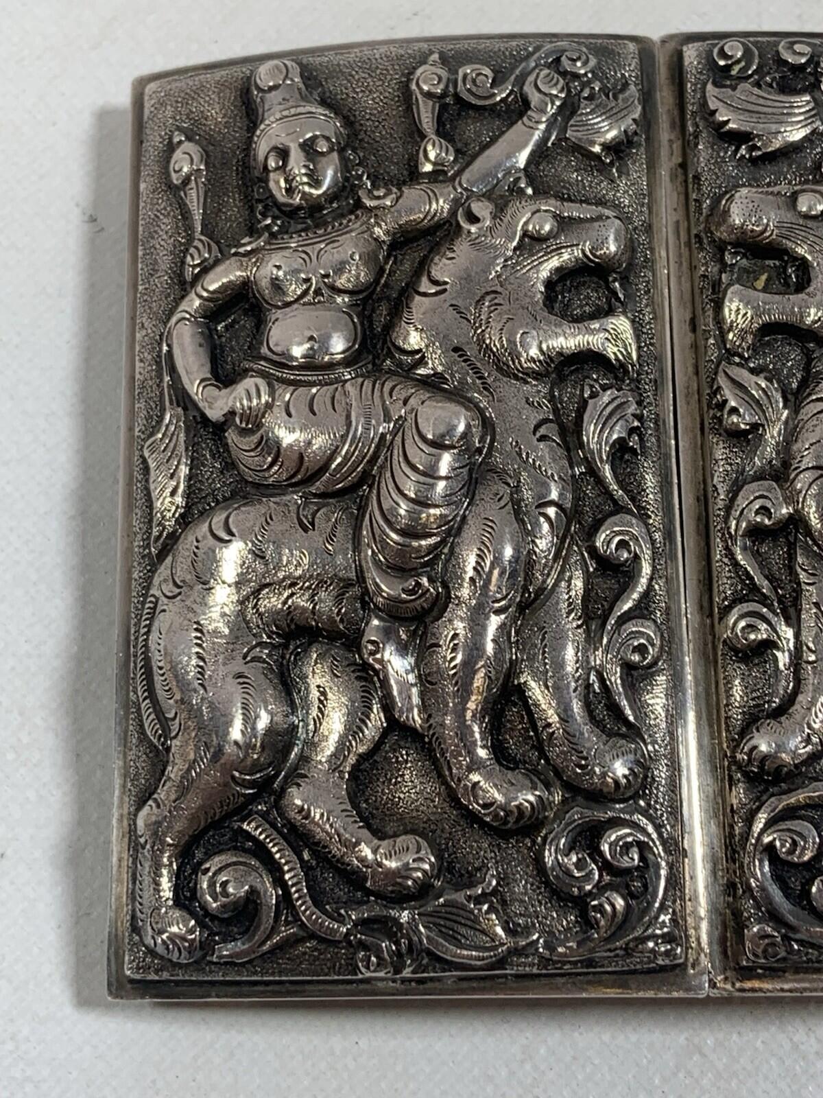 Antique Indian Hindu Goddess Lion Silver Tone Large Belt Buckle Relief