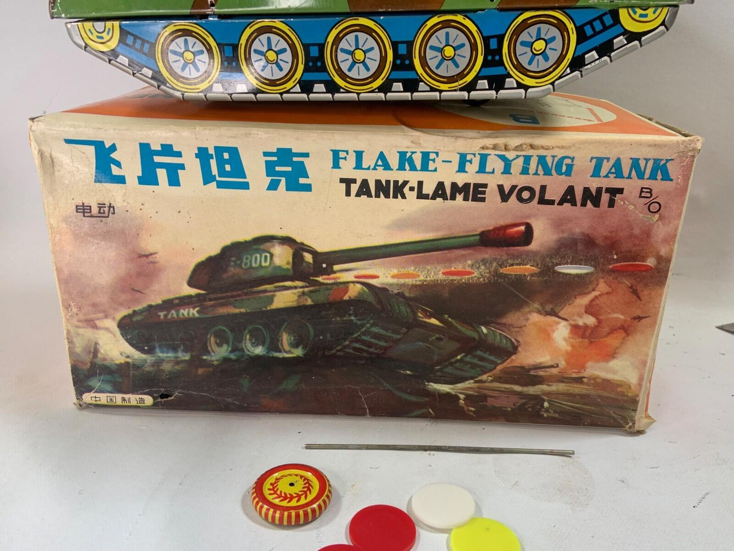 Vintage Tin Flake Flying Tank Battery Operated Boxed Working Fires Discs