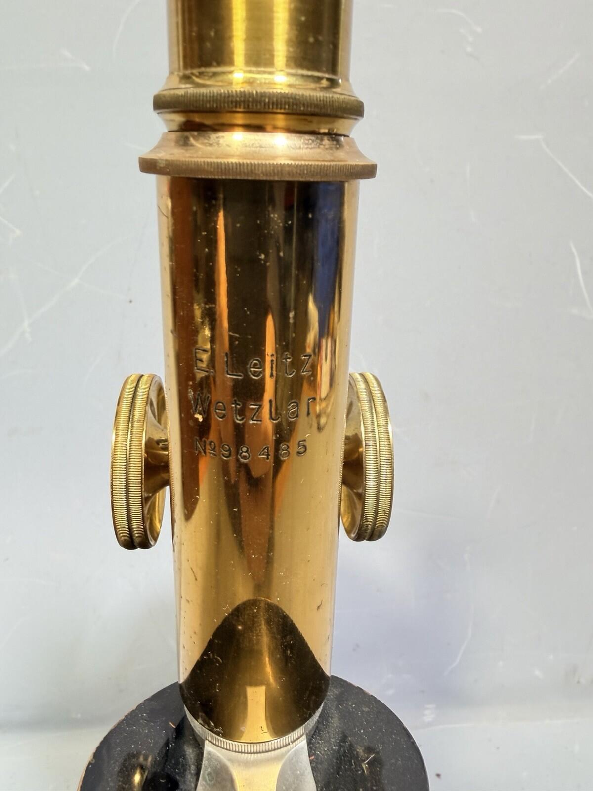 Antique Ernst Leitz Wetzlar Brass Microscope #98485 with Case Circa 1906