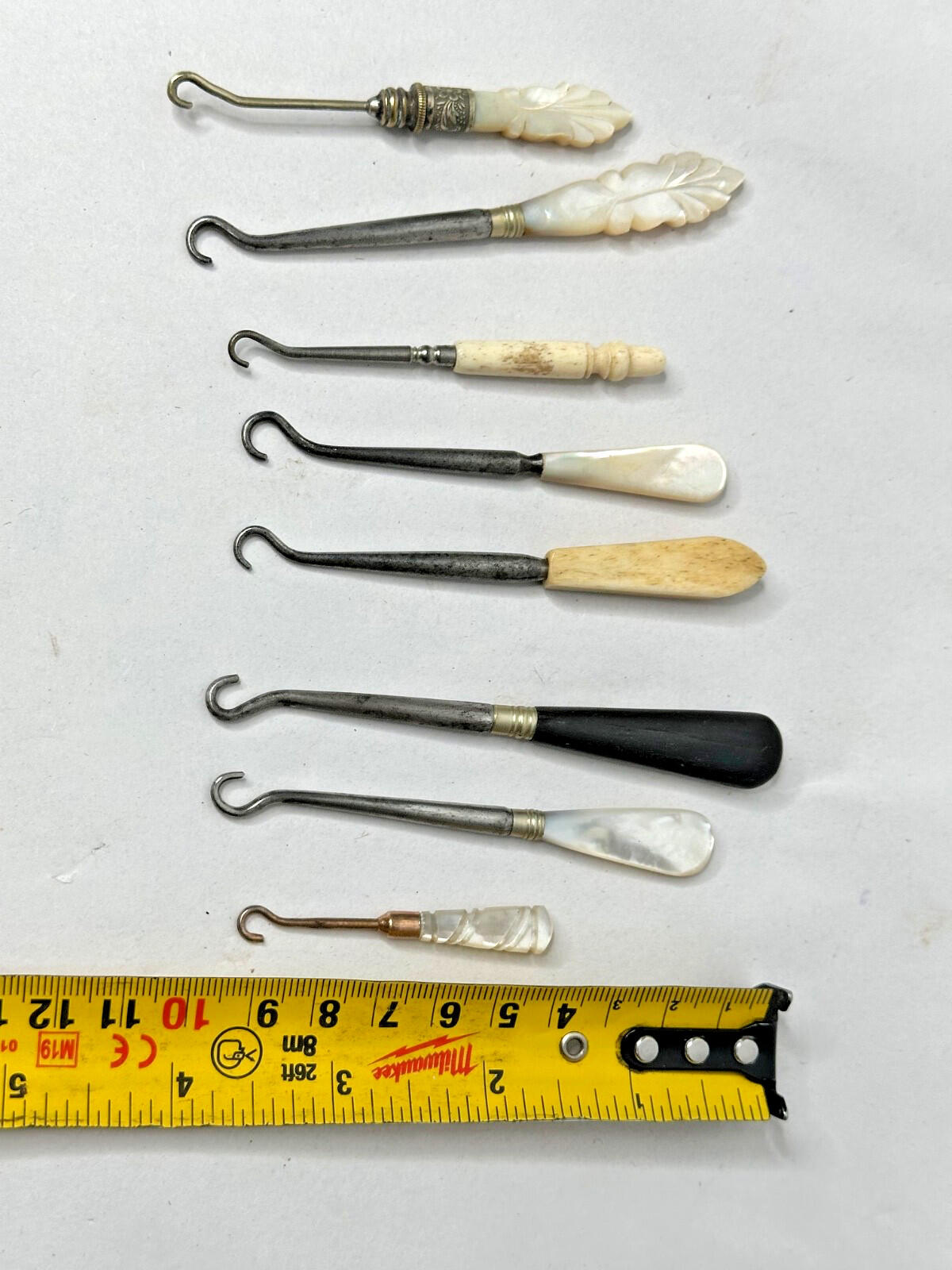 Antique Button Hooks Job Lot – Mother of Pearl, Carved Handles – 19thc