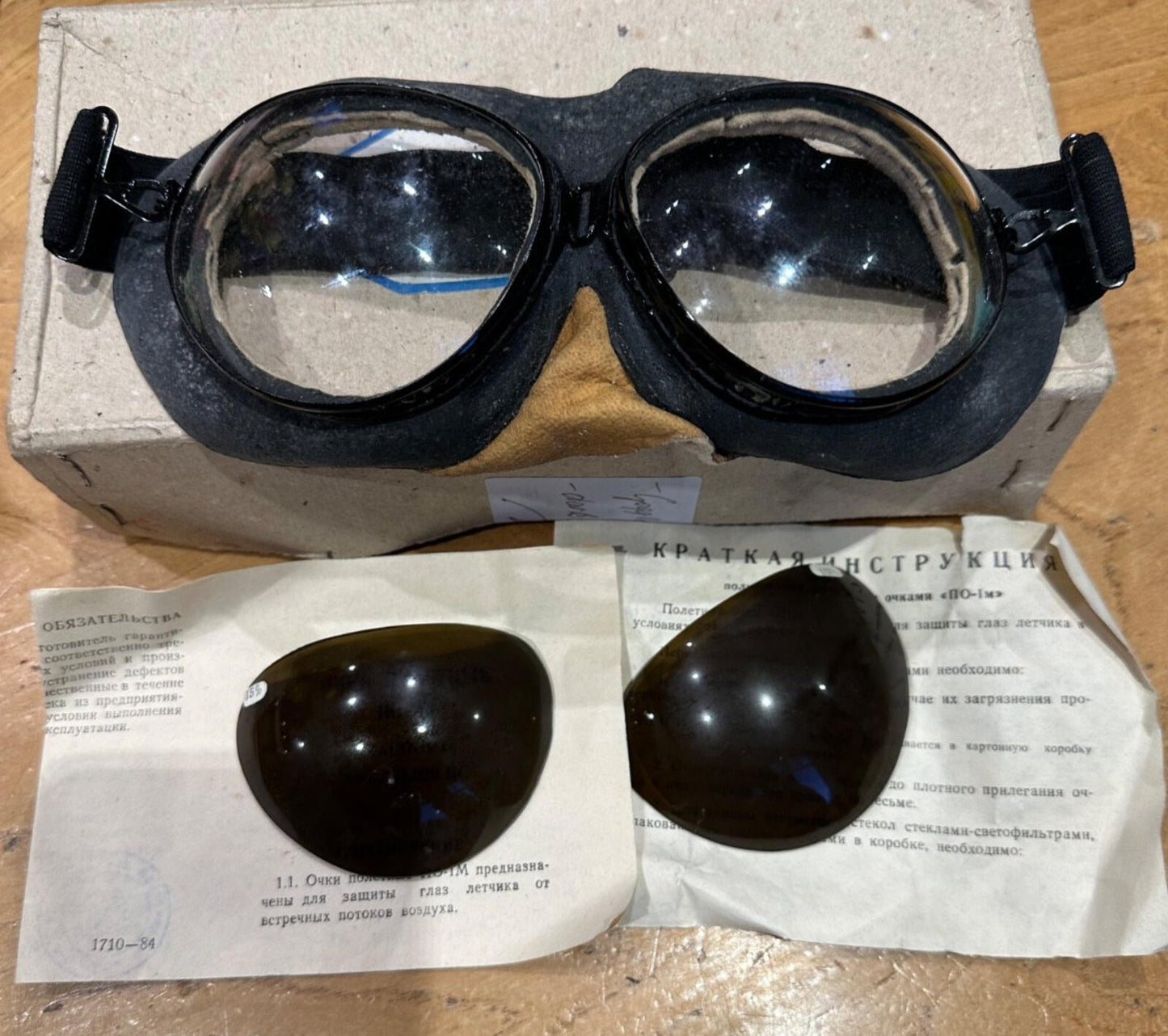 Vintage PO-1M Pilot Goggles USSR 1988 with Spare Dark Lenses and Documents nos
