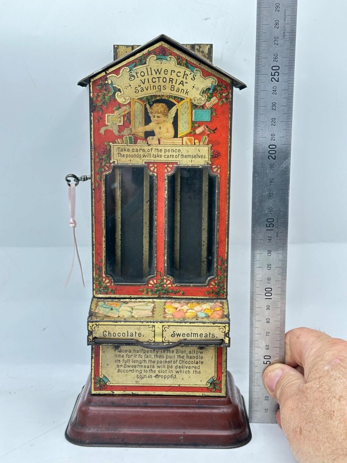 Stollwerck "Victoria" Tin Litho Money Box & Candy Dispenser — Very Rare German