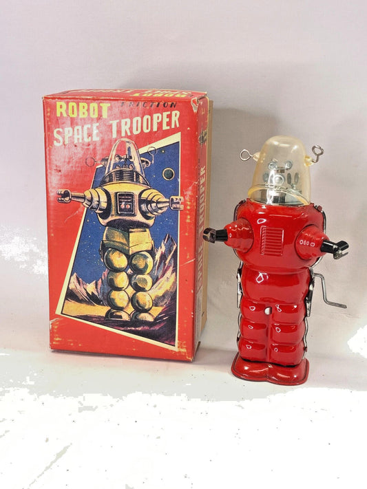 Robot Space Trooper Tin Toy Crank Handle Friction w/ Box Retro mint boxed works