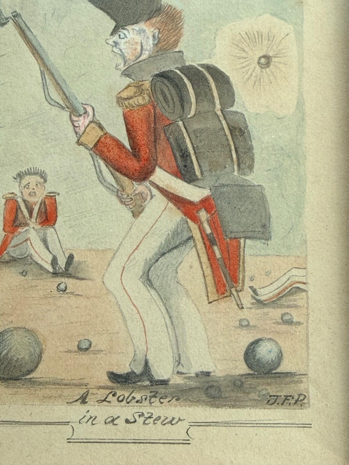 Antique Hand Coloured Military Cartoon “A Lobster in a Stew” Framed Watercolour