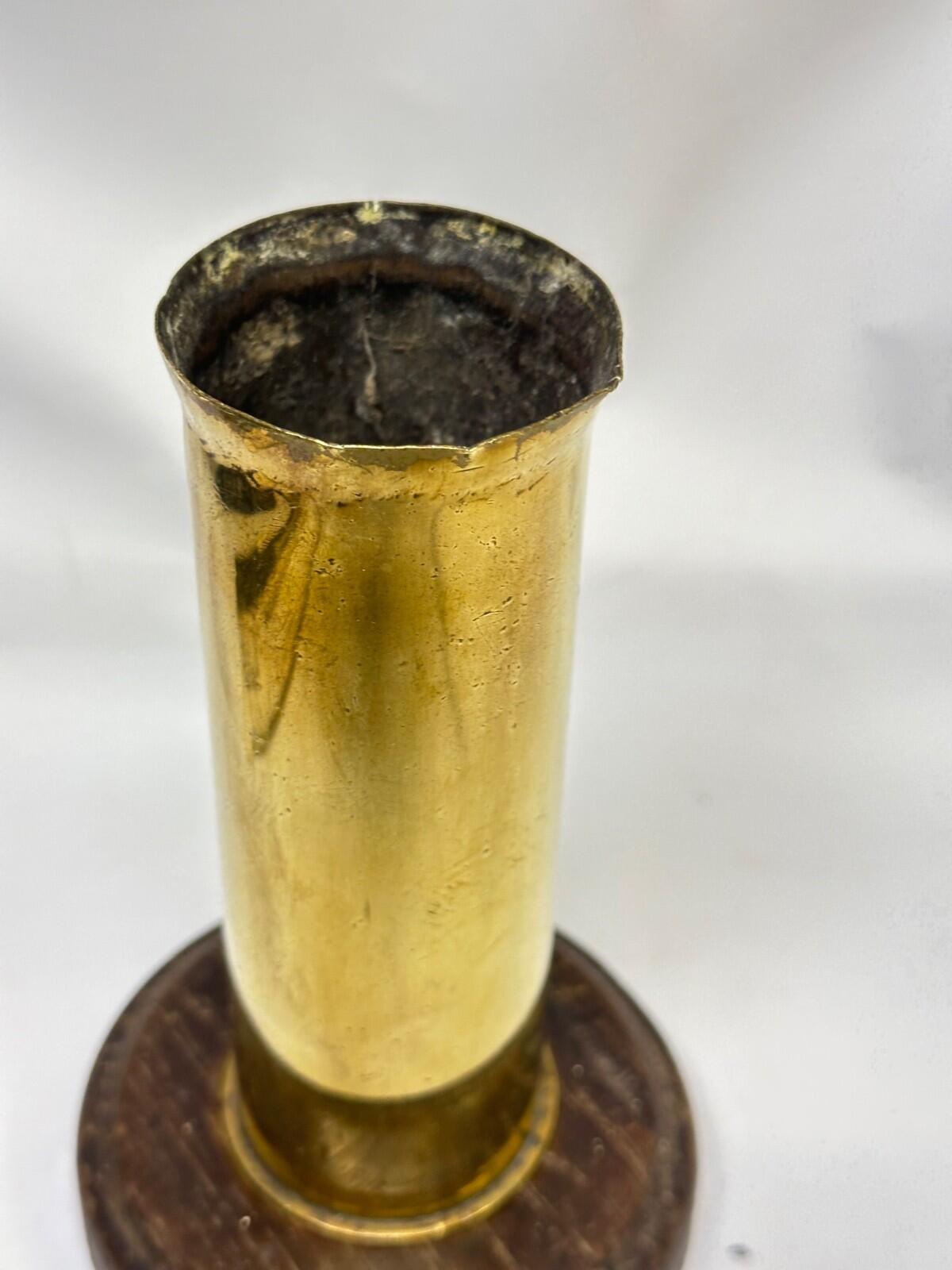 World War 2 Trench Art Brass vase on oak base 37mm m16 1942