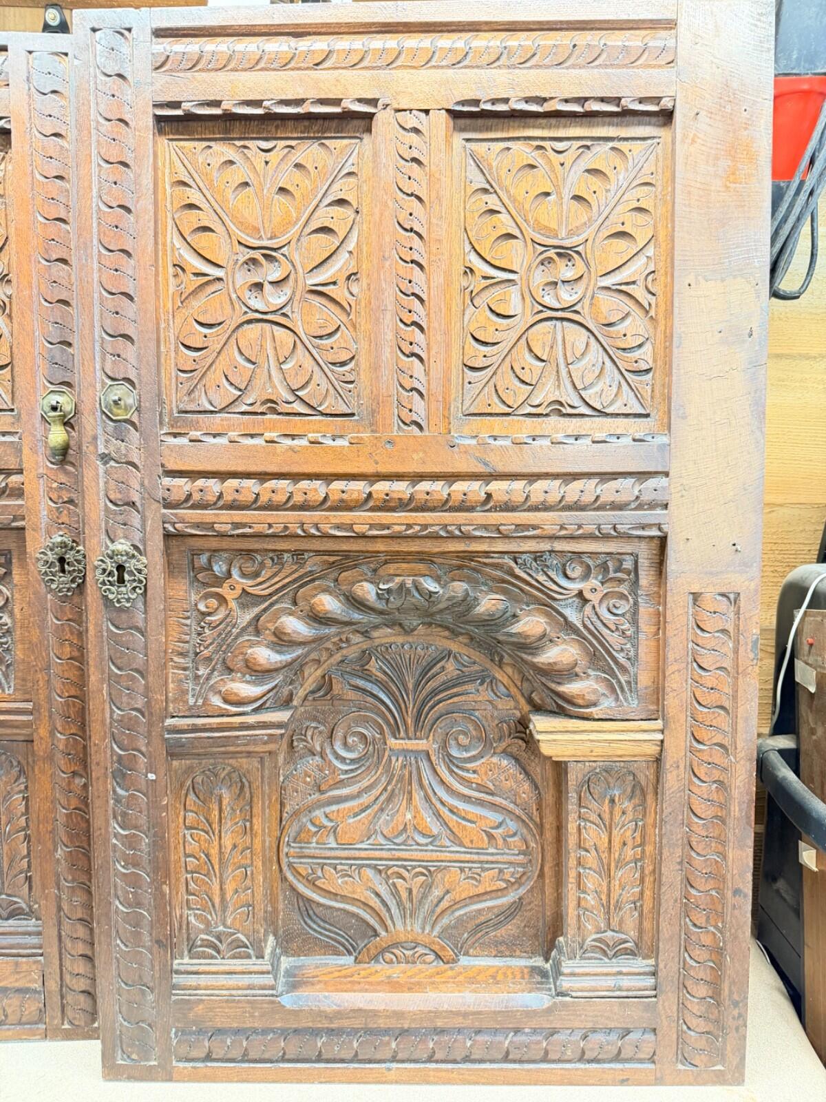 Rare 17th / Early 18th Century Hand Carved Oak Cabinet Doors Gothic Renaissance