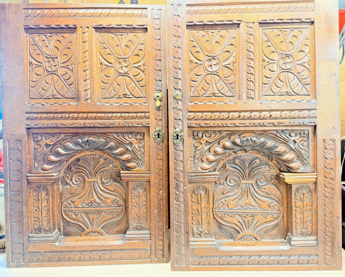 Rare 17th / Early 18th Century Hand Carved Oak Cabinet Doors Gothic Renaissance