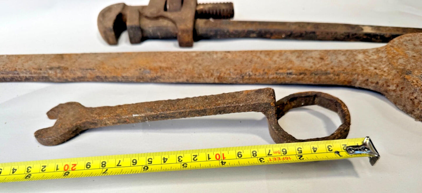 Vintage Ridgid Pipe Wrench + Large Open Spanner & Ring Spanner Set Old Tools Job