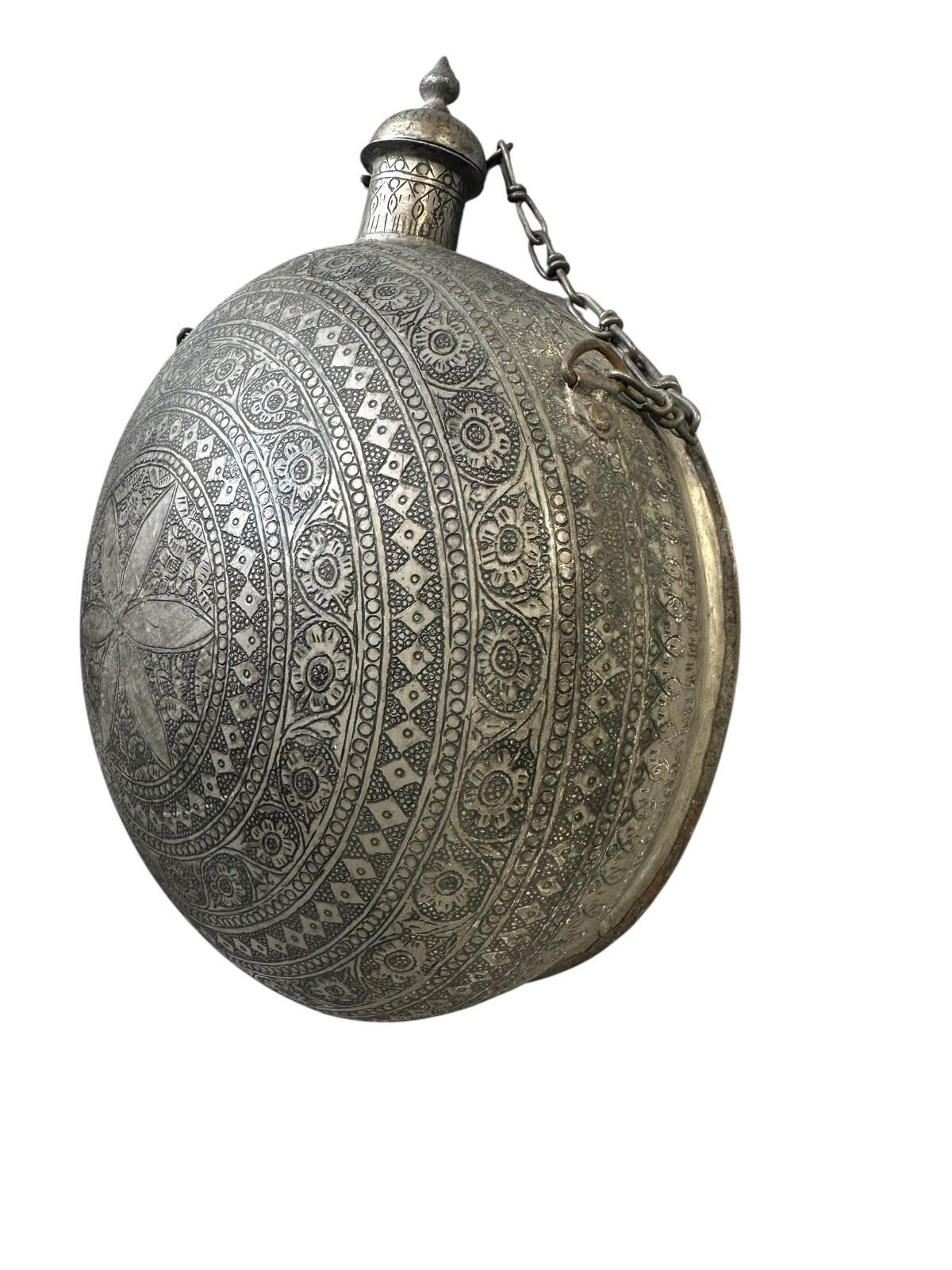 Antique Middle Eastern Engraved Metal Water Flask & Teapot Set – Islamic Persian