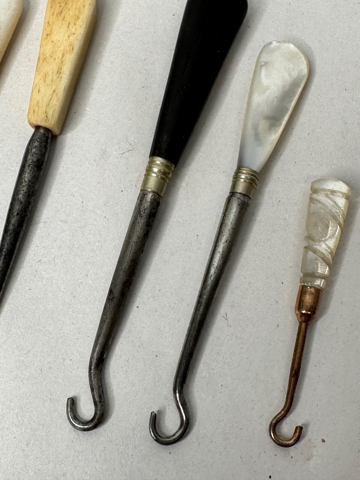 Antique Button Hooks Job Lot – Mother of Pearl, Carved Handles – 19thc