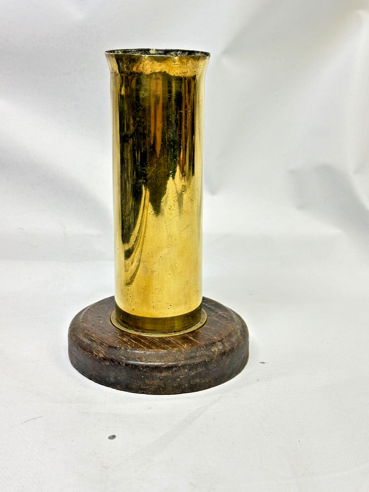 World War 2 Trench Art Brass vase on oak base 37mm m16 1942