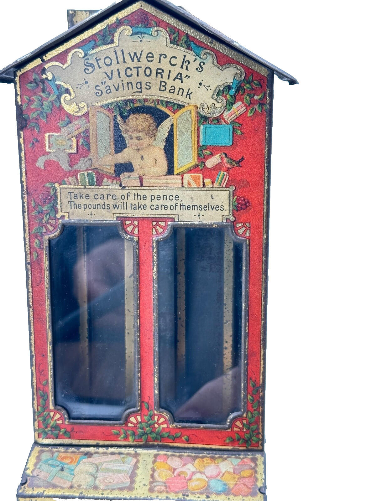 Stollwerck "Victoria" Tin Litho Money Box & Candy Dispenser — Very Rare German
