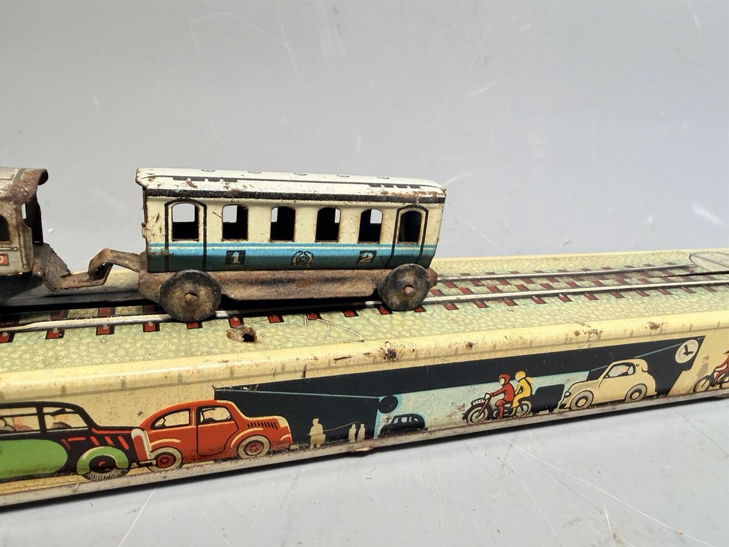 Arnold Wind Up Train Set Tinplate Station Track US Zone Germany 1940s Lithograph