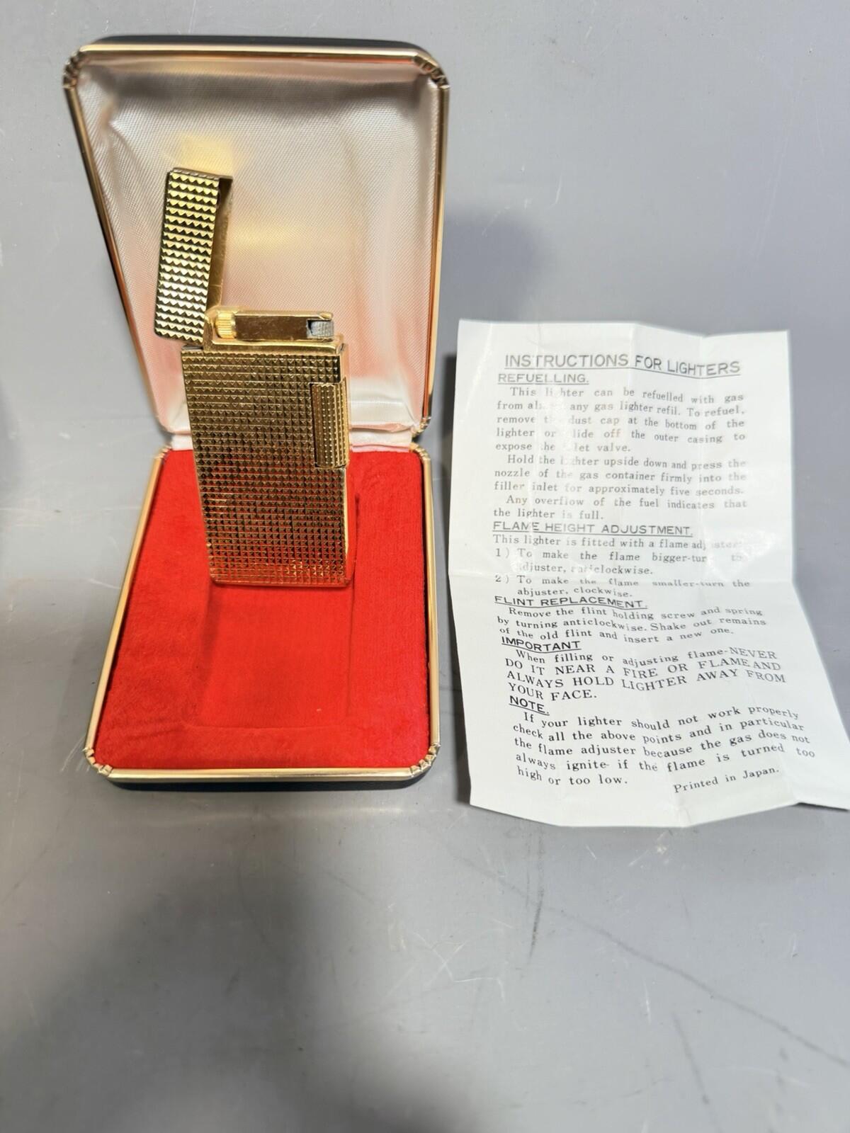 Vintage Hadson Triumph Lighter Gold Tone Japan Table Lighter w Case Mid Century