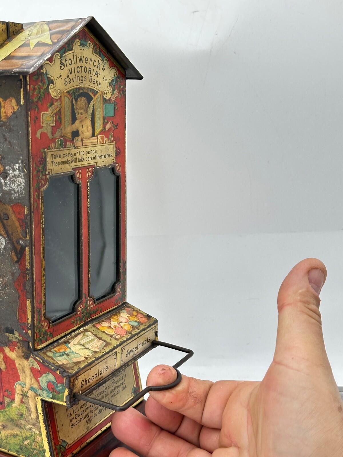 Stollwerck "Victoria" Tin Litho Money Box & Candy Dispenser — Very Rare German