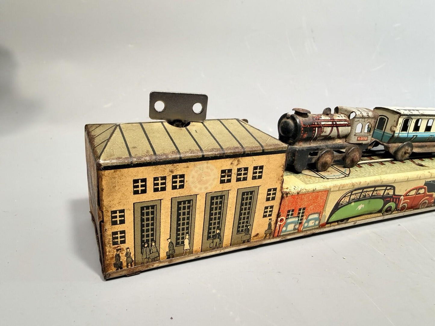 Arnold Wind Up Train Set Tinplate Station Track US Zone Germany 1940s Lithograph