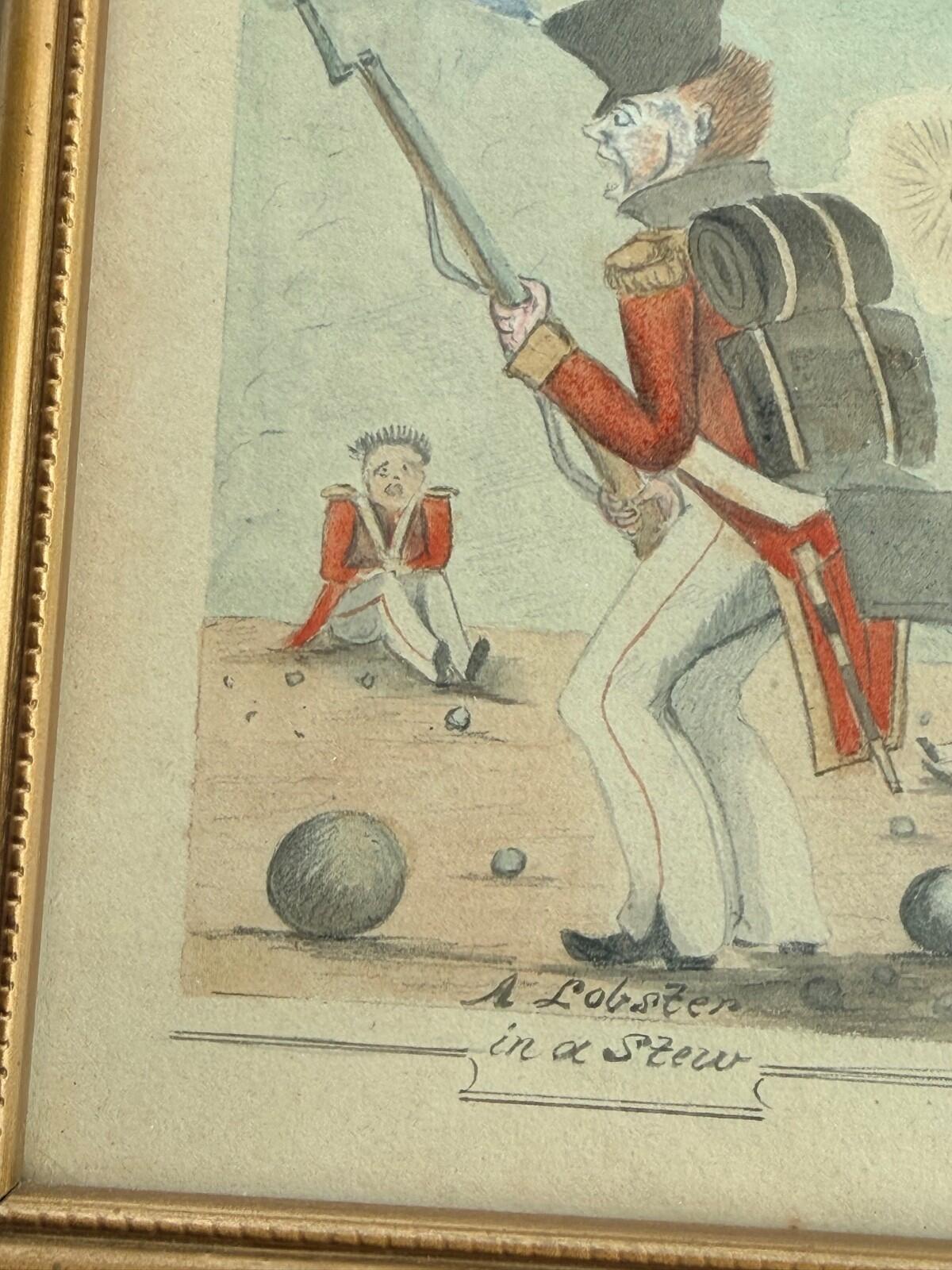 Antique Hand Coloured Military Cartoon “A Lobster in a Stew” Framed Watercolour