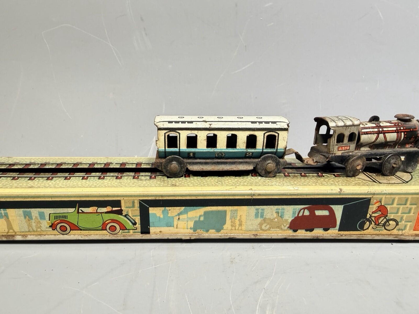 Arnold Wind Up Train Set Tinplate Station Track US Zone Germany 1940s Lithograph