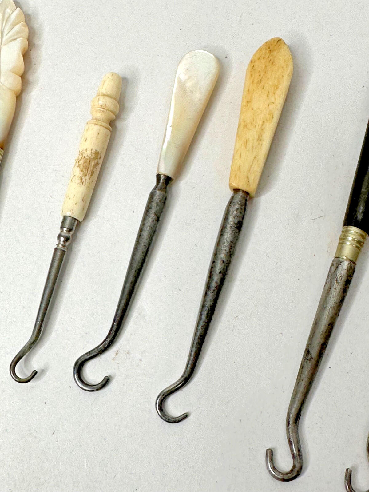 Antique Button Hooks Job Lot – Mother of Pearl, Carved Handles – 19thc