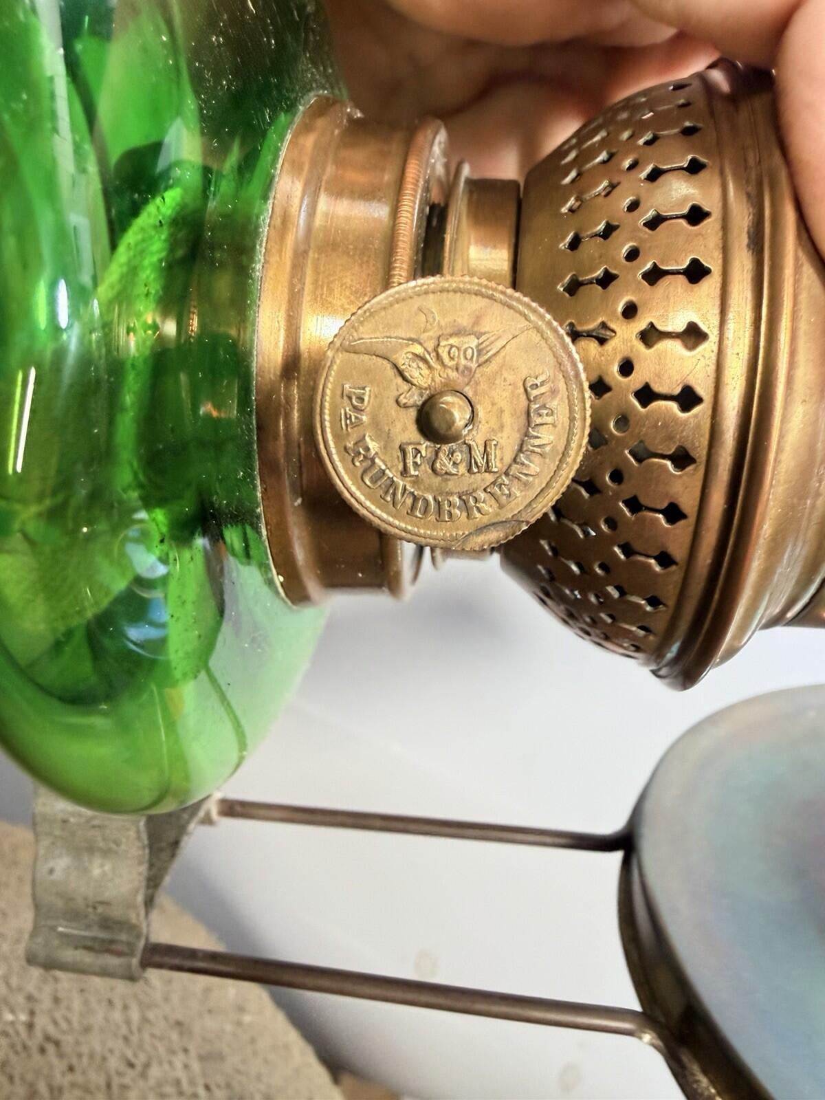 Antique Green Glass Oil Lamp P&A F&M Rundbrenner Burner Victorian Finger Lamp
