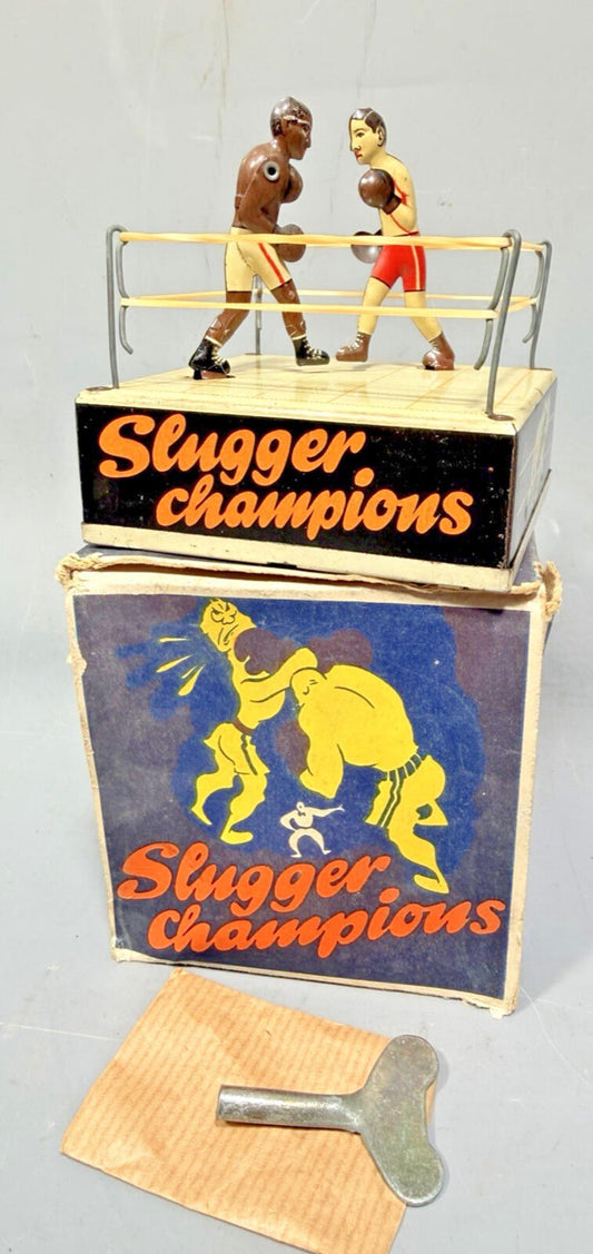 German Biller Slugger Champions Toy Original Box Vintage Tin Wind Up U.S. Zone
