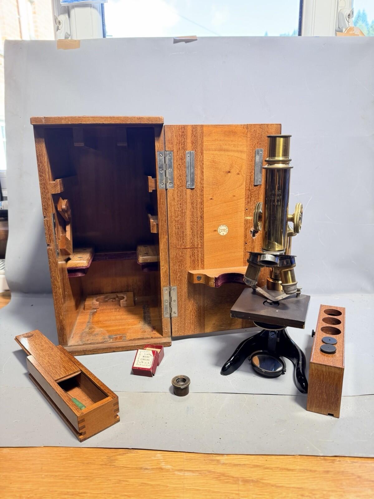 Antique Ernst Leitz Wetzlar Brass Microscope #98485 with Case Circa 1906