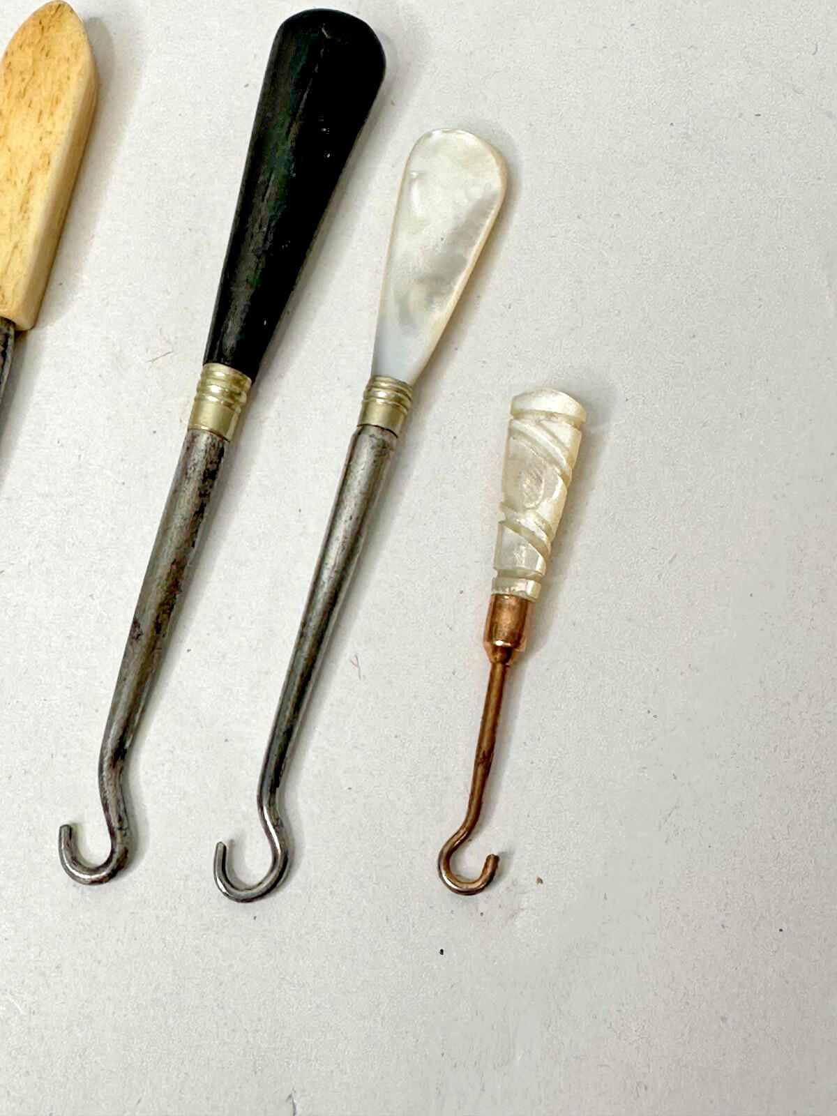 Antique Button Hooks Job Lot – Mother of Pearl, Carved Handles – 19thc