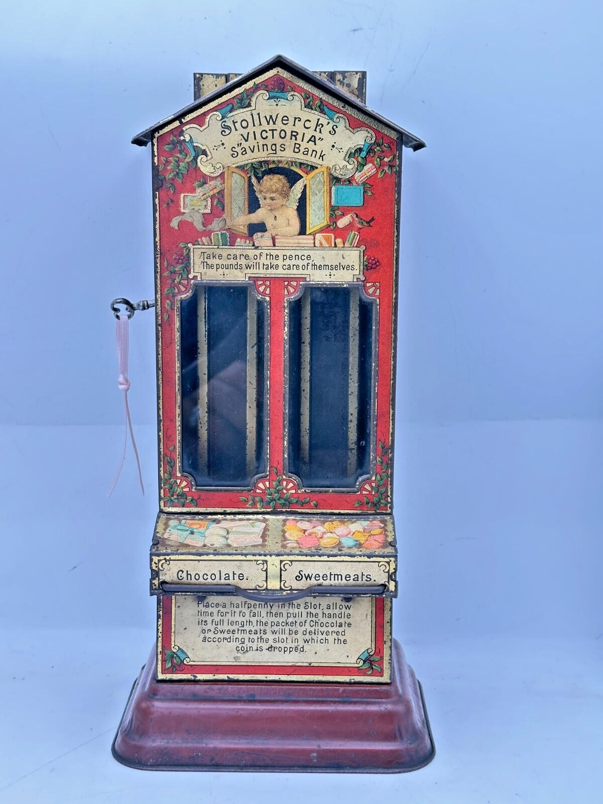 Stollwerck "Victoria" Tin Litho Money Box & Candy Dispenser — Very Rare German