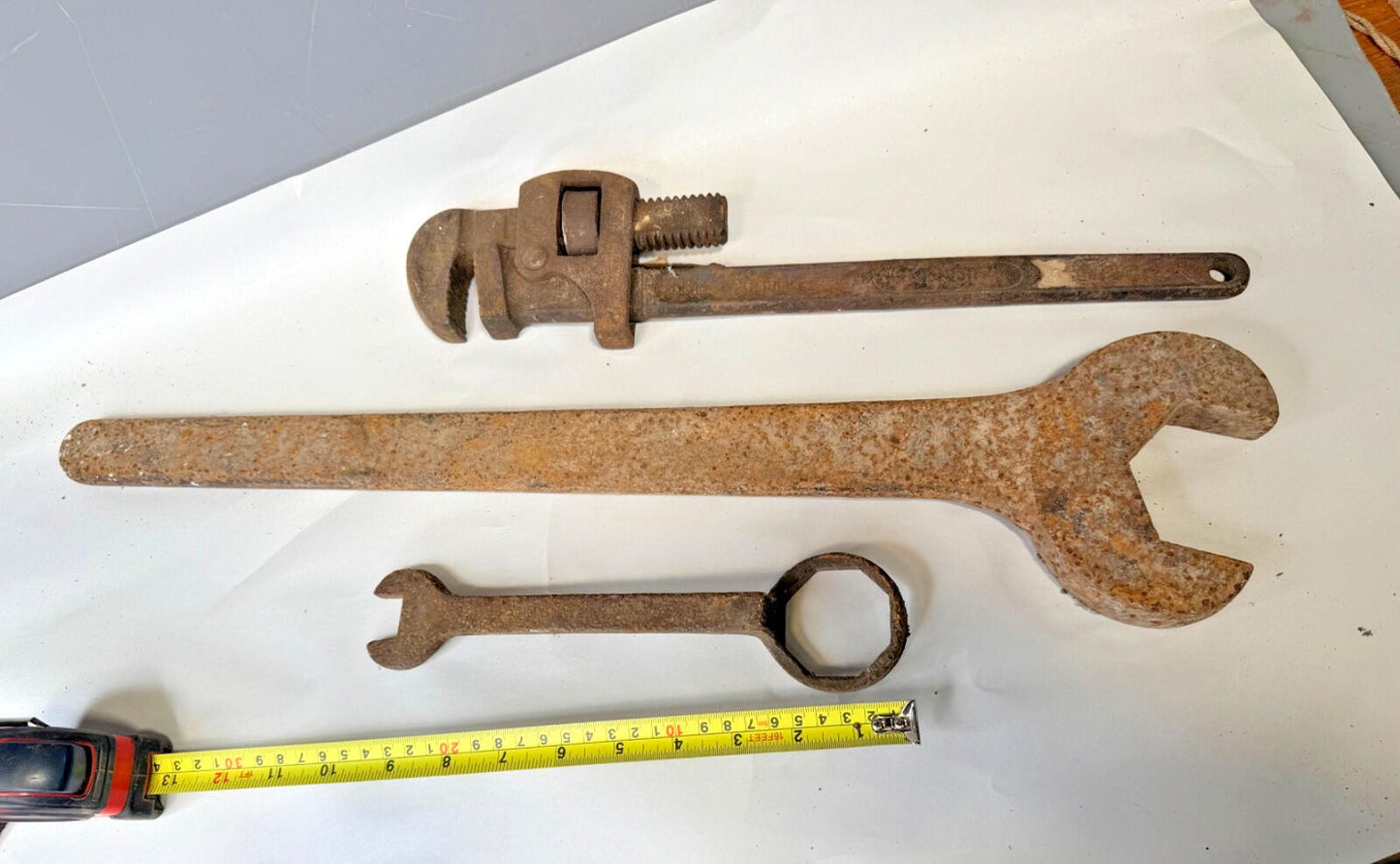 Vintage Ridgid Pipe Wrench + Large Open Spanner & Ring Spanner Set Old Tools Job