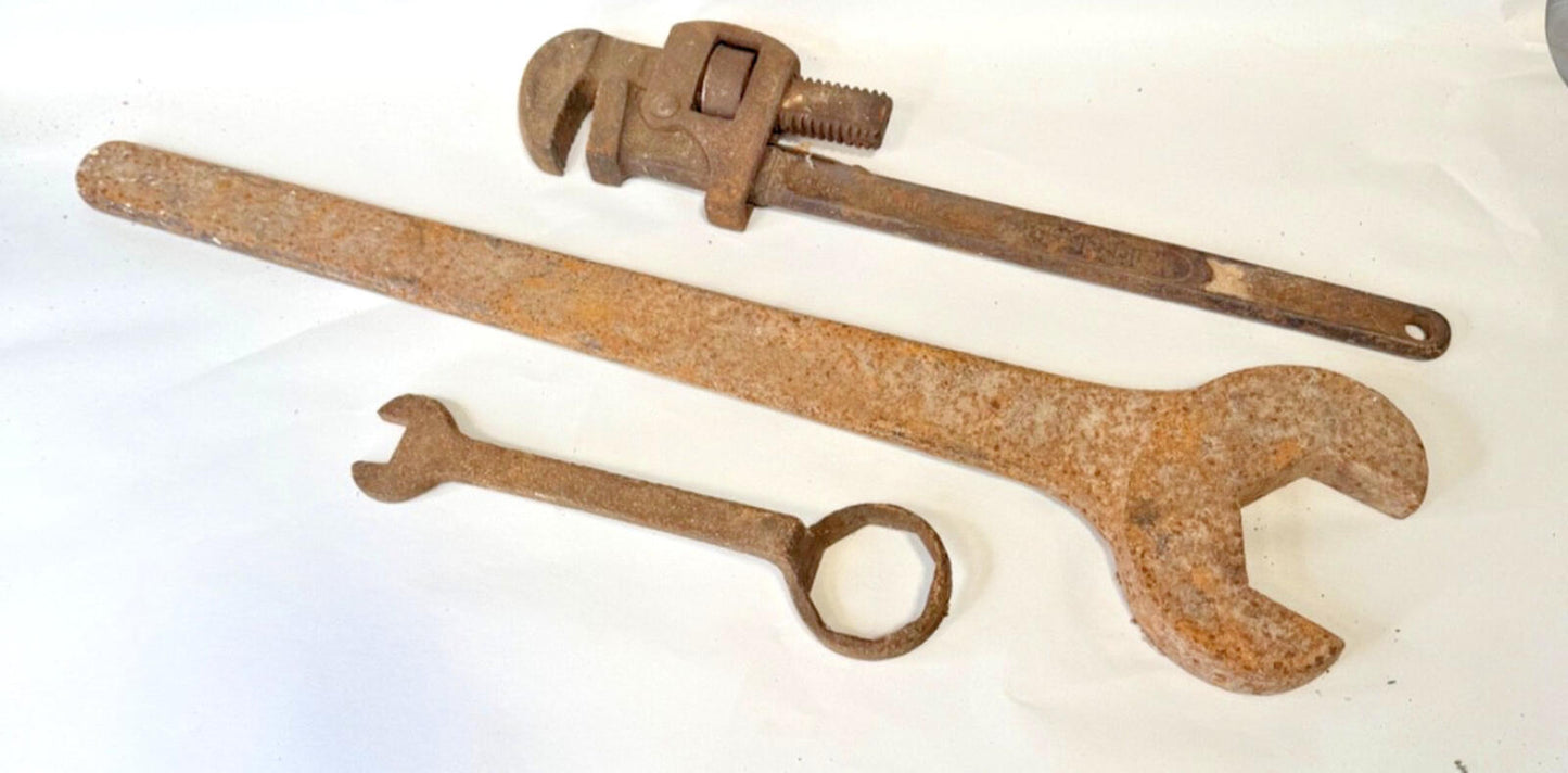 Vintage Ridgid Pipe Wrench + Large Open Spanner & Ring Spanner Set Old Tools Job