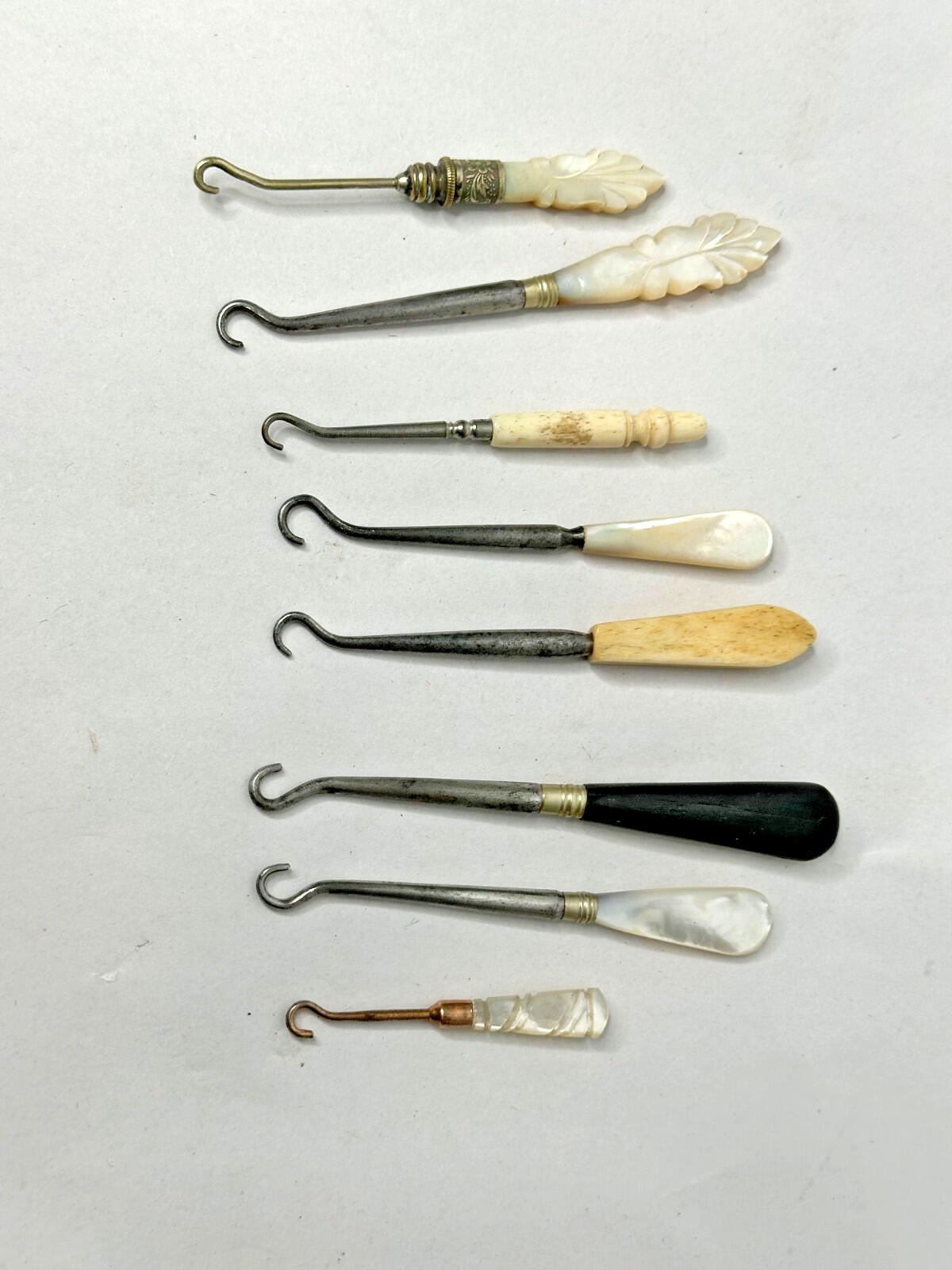 Antique Button Hooks Job Lot – Mother of Pearl, Carved Handles – 19thc
